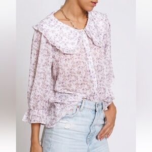 Sans Souci Women Blouse Pink Floral Ruffle Collar 3/4 Sleeve Size L NWT